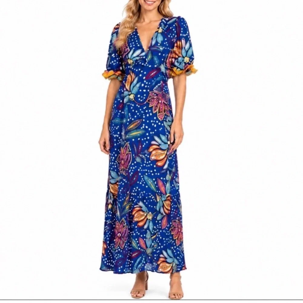 Tabitha Brown Blue Floral Maxi Dress Size 8 Puff Sleeve Boho Resort